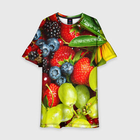 Детское платье 3D с принтом Вкусные ягоды в Курске, 100% полиэстер | прямой силуэт, чуть расширенный к низу. Круглая горловина, на рукавах — воланы | виноград | вкусно | голубика | дача | деревня | ежевика | клубника | малина | огород | полезно | рябина | сад | смородина | сок | фрукты | черника | ягоды