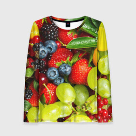Женский лонгслив 3D с принтом Вкусные ягоды в Курске, 100% полиэстер | длинные рукава, круглый вырез горловины, полуприлегающий силуэт | виноград | вкусно | голубика | дача | деревня | ежевика | клубника | малина | огород | полезно | рябина | сад | смородина | сок | фрукты | черника | ягоды