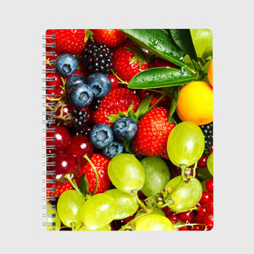 Тетрадь с принтом Вкусные ягоды в Курске, 100% бумага | 48 листов, плотность листов — 60 г/м2, плотность картонной обложки — 250 г/м2. Листы скреплены сбоку удобной пружинной спиралью. Уголки страниц и обложки скругленные. Цвет линий — светло-серый
 | виноград | вкусно | голубика | дача | деревня | ежевика | клубника | малина | огород | полезно | рябина | сад | смородина | сок | фрукты | черника | ягоды