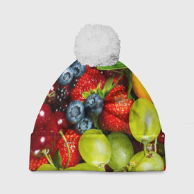 Шапка 3D c помпоном с принтом Вкусные ягоды в Курске, 100% полиэстер | универсальный размер, печать по всей поверхности изделия | виноград | вкусно | голубика | дача | деревня | ежевика | клубника | малина | огород | полезно | рябина | сад | смородина | сок | фрукты | черника | ягоды