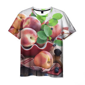 Мужская футболка 3D с принтом Персики в Курске, 100% полиэфир | прямой крой, круглый вырез горловины, длина до линии бедер | ваза | витамины | здоровье | лакомство | мёд | овощи | персики | сладости | тарелка | фрукты | черника | ягоды