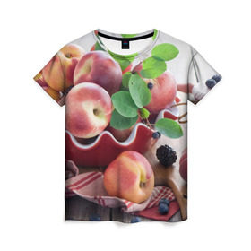 Женская футболка 3D с принтом Персики в Курске, 100% полиэфир ( синтетическое хлопкоподобное полотно) | прямой крой, круглый вырез горловины, длина до линии бедер | Тематика изображения на принте: ваза | витамины | здоровье | лакомство | мёд | овощи | персики | сладости | тарелка | фрукты | черника | ягоды