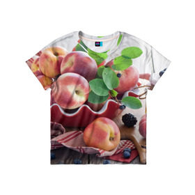 Детская футболка 3D с принтом Персики в Курске, 100% гипоаллергенный полиэфир | прямой крой, круглый вырез горловины, длина до линии бедер, чуть спущенное плечо, ткань немного тянется | ваза | витамины | здоровье | лакомство | мёд | овощи | персики | сладости | тарелка | фрукты | черника | ягоды