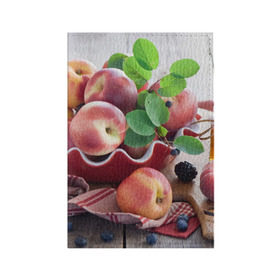 Обложка для паспорта матовая кожа с принтом Персики в Курске, натуральная матовая кожа | размер 19,3 х 13,7 см; прозрачные пластиковые крепления | ваза | витамины | здоровье | лакомство | мёд | овощи | персики | сладости | тарелка | фрукты | черника | ягоды