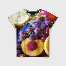 Детская футболка 3D с принтом Спелые фрукты в Курске, 100% гипоаллергенный полиэфир | прямой крой, круглый вырез горловины, длина до линии бедер, чуть спущенное плечо, ткань немного тянется | Тематика изображения на принте: абрикос | алыча | апельсин | бодрость | веган | виноград | витамины | груша | диета | еда | здоровье | лайм | лимон | молодость | нектар | овощи | персик | питание | польза | сок | фрукты | яблоко | ягоды
