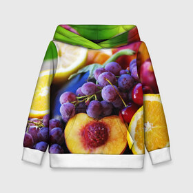 Детская толстовка 3D с принтом Спелые фрукты в Курске, 100% полиэстер | двухслойный капюшон со шнурком для регулировки, мягкие манжеты на рукавах и по низу толстовки, спереди карман-кенгуру с мягким внутренним слоем | Тематика изображения на принте: абрикос | алыча | апельсин | бодрость | веган | виноград | витамины | груша | диета | еда | здоровье | лайм | лимон | молодость | нектар | овощи | персик | питание | польза | сок | фрукты | яблоко | ягоды