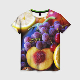 Женская футболка 3D с принтом Спелые фрукты в Курске, 100% полиэфир ( синтетическое хлопкоподобное полотно) | прямой крой, круглый вырез горловины, длина до линии бедер | абрикос | алыча | апельсин | бодрость | веган | виноград | витамины | груша | диета | еда | здоровье | лайм | лимон | молодость | нектар | овощи | персик | питание | польза | сок | фрукты | яблоко | ягоды