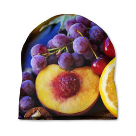 Шапка 3D с принтом Спелые фрукты в Курске, 100% полиэстер | универсальный размер, печать по всей поверхности изделия | Тематика изображения на принте: абрикос | алыча | апельсин | бодрость | веган | виноград | витамины | груша | диета | еда | здоровье | лайм | лимон | молодость | нектар | овощи | персик | питание | польза | сок | фрукты | яблоко | ягоды