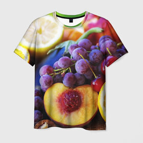 Мужская футболка 3D с принтом Спелые фрукты в Курске, 100% полиэфир | прямой крой, круглый вырез горловины, длина до линии бедер | Тематика изображения на принте: абрикос | алыча | апельсин | бодрость | веган | виноград | витамины | груша | диета | еда | здоровье | лайм | лимон | молодость | нектар | овощи | персик | питание | польза | сок | фрукты | яблоко | ягоды