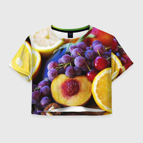 Женская футболка 3D укороченная с принтом Спелые фрукты в Курске, 100% полиэстер | круглая горловина, длина футболки до линии талии, рукава с отворотами | абрикос | алыча | апельсин | бодрость | веган | виноград | витамины | груша | диета | еда | здоровье | лайм | лимон | молодость | нектар | овощи | персик | питание | польза | сок | фрукты | яблоко | ягоды