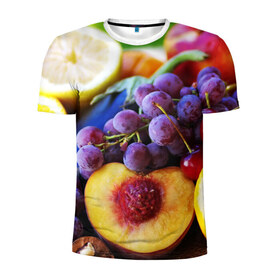 Мужская футболка 3D спортивная с принтом Спелые фрукты в Курске, 100% полиэстер с улучшенными характеристиками | приталенный силуэт, круглая горловина, широкие плечи, сужается к линии бедра | Тематика изображения на принте: абрикос | алыча | апельсин | бодрость | веган | виноград | витамины | груша | диета | еда | здоровье | лайм | лимон | молодость | нектар | овощи | персик | питание | польза | сок | фрукты | яблоко | ягоды