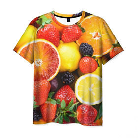 Мужская футболка 3D с принтом Ягоды и фрукты в Курске, 100% полиэфир | прямой крой, круглый вырез горловины, длина до линии бедер | абрикос | алыча | апельсин | бодрость | веган | виноград | витамины | груша | диета | еда | здоровье | клубника | лайм | лимон | малина | молодость | нектар | овощи | персик | питание | польза | смородина