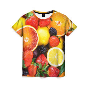 Женская футболка 3D с принтом Ягоды и фрукты в Курске, 100% полиэфир ( синтетическое хлопкоподобное полотно) | прямой крой, круглый вырез горловины, длина до линии бедер | абрикос | алыча | апельсин | бодрость | веган | виноград | витамины | груша | диета | еда | здоровье | клубника | лайм | лимон | малина | молодость | нектар | овощи | персик | питание | польза | смородина