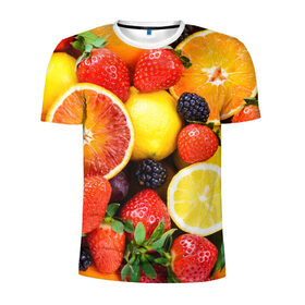 Мужская футболка 3D спортивная с принтом Ягоды и фрукты в Курске, 100% полиэстер с улучшенными характеристиками | приталенный силуэт, круглая горловина, широкие плечи, сужается к линии бедра | Тематика изображения на принте: абрикос | алыча | апельсин | бодрость | веган | виноград | витамины | груша | диета | еда | здоровье | клубника | лайм | лимон | малина | молодость | нектар | овощи | персик | питание | польза | смородина