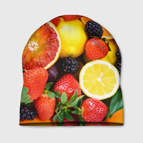 Шапка 3D с принтом Ягоды и фрукты в Курске, 100% полиэстер | универсальный размер, печать по всей поверхности изделия | Тематика изображения на принте: абрикос | алыча | апельсин | бодрость | веган | виноград | витамины | груша | диета | еда | здоровье | клубника | лайм | лимон | малина | молодость | нектар | овощи | персик | питание | польза | смородина