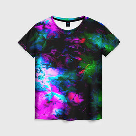 Женская футболка 3D с принтом Цветные волны в Курске, 100% полиэфир ( синтетическое хлопкоподобное полотно) | прямой крой, круглый вырез горловины, длина до линии бедер | абстракция | иллюзии | краска | текстуры | цветные
