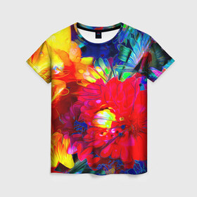 Женская футболка 3D с принтом Цветочный в Курске, 100% полиэфир ( синтетическое хлопкоподобное полотно) | прямой крой, круглый вырез горловины, длина до линии бедер | 