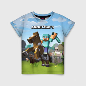 Детская футболка 3D с принтом Minecraft на коне в Курске, 100% гипоаллергенный полиэфир | прямой крой, круглый вырез горловины, длина до линии бедер, чуть спущенное плечо, ткань немного тянется | game | minecraft | игры | маинкрафт | майн | майнкравт | майнкрафт