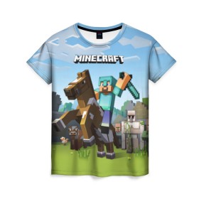Женская футболка 3D с принтом Minecraft на коне в Курске, 100% полиэфир ( синтетическое хлопкоподобное полотно) | прямой крой, круглый вырез горловины, длина до линии бедер | game | minecraft | игры | маинкрафт | майн | майнкравт | майнкрафт