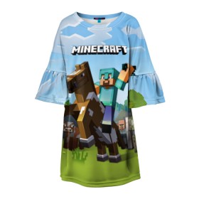Детское платье 3D с принтом Minecraft на коне в Курске, 100% полиэстер | прямой силуэт, чуть расширенный к низу. Круглая горловина, на рукавах — воланы | Тематика изображения на принте: game | minecraft | игры | маинкрафт | майн | майнкравт | майнкрафт