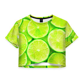 Женская футболка 3D укороченная с принтом Лайм в Курске, 100% полиэстер | круглая горловина, длина футболки до линии талии, рукава с отворотами | зеленая | лайм | фрукты | цитрус