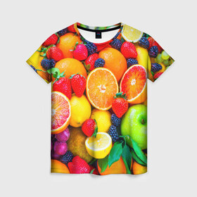 Женская футболка 3D с принтом Ягоды и фрукты в Курске, 100% полиэфир ( синтетическое хлопкоподобное полотно) | прямой крой, круглый вырез горловины, длина до линии бедер | апельсин | ежевика | клубника | фрукты | ягода