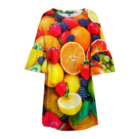 Детское платье 3D с принтом Ягоды и фрукты в Курске, 100% полиэстер | прямой силуэт, чуть расширенный к низу. Круглая горловина, на рукавах — воланы | Тематика изображения на принте: апельсин | ежевика | клубника | фрукты | ягода