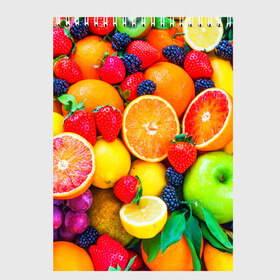 Скетчбук с принтом Ягоды и фрукты в Курске, 100% бумага
 | 48 листов, плотность листов — 100 г/м2, плотность картонной обложки — 250 г/м2. Листы скреплены сверху удобной пружинной спиралью | апельсин | ежевика | клубника | фрукты | ягода