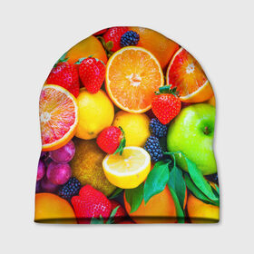Шапка 3D с принтом Ягоды и фрукты в Курске, 100% полиэстер | универсальный размер, печать по всей поверхности изделия | апельсин | ежевика | клубника | фрукты | ягода