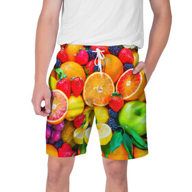 Мужские шорты 3D с принтом Ягоды и фрукты в Курске,  полиэстер 100% | прямой крой, два кармана без застежек по бокам. Мягкая трикотажная резинка на поясе, внутри которой широкие завязки. Длина чуть выше колен | апельсин | ежевика | клубника | фрукты | ягода