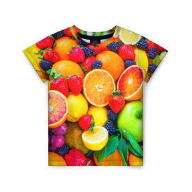 Детская футболка 3D с принтом Ягоды и фрукты в Курске, 100% гипоаллергенный полиэфир | прямой крой, круглый вырез горловины, длина до линии бедер, чуть спущенное плечо, ткань немного тянется | апельсин | ежевика | клубника | фрукты | ягода