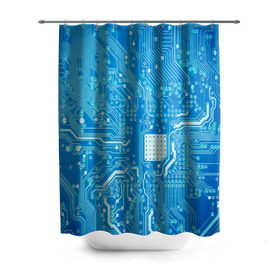 Штора 3D для ванной с принтом Системная плата в Курске, 100% полиэстер | плотность материала — 100 г/м2. Стандартный размер — 146 см х 180 см. По верхнему краю — пластиковые люверсы для креплений. В комплекте 10 пластиковых колец | Тематика изображения на принте: кибер | микросхема | синий