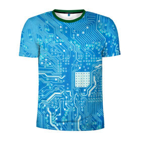 Мужская футболка 3D спортивная с принтом Системная плата в Курске, 100% полиэстер с улучшенными характеристиками | приталенный силуэт, круглая горловина, широкие плечи, сужается к линии бедра | Тематика изображения на принте: кибер | микросхема | синий