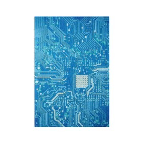 Обложка для паспорта матовая кожа с принтом Системная плата в Курске, натуральная матовая кожа | размер 19,3 х 13,7 см; прозрачные пластиковые крепления | кибер | микросхема | синий