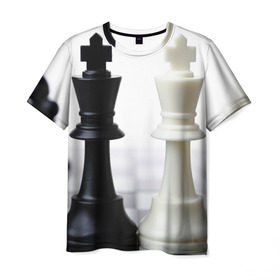 Мужская футболка 3D с принтом Шахматы в Курске, 100% полиэфир | прямой крой, круглый вырез горловины, длина до линии бедер | белая | черная | шахматы