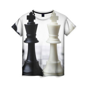 Женская футболка 3D с принтом Шахматы в Курске, 100% полиэфир ( синтетическое хлопкоподобное полотно) | прямой крой, круглый вырез горловины, длина до линии бедер | белая | черная | шахматы
