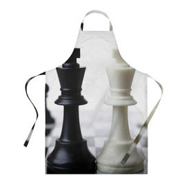 Фартук 3D с принтом Шахматы в Курске, 100% полиэстер | общий размер — 65 х 85 см, ширина нагрудника — 26 см, горловина — 53 см, длина завязок — 54 см, общий обхват в поясе — 173 см. Принт на завязках и на горловине наносится с двух сторон, на основной части фартука — только с внешней стороны | белая | черная | шахматы