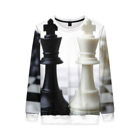Женский свитшот 3D с принтом Шахматы в Курске, 100% полиэстер с мягким внутренним слоем | круглый вырез горловины, мягкая резинка на манжетах и поясе, свободная посадка по фигуре | белая | черная | шахматы