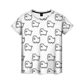 Женская футболка 3D с принтом Undertale Annoying dog white в Курске, 100% полиэфир ( синтетическое хлопкоподобное полотно) | прямой крой, круглый вырез горловины, длина до линии бедер | 8 bit | annoying dog | dog | pixel art | undertale | white
