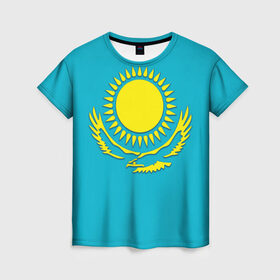 Женская футболка 3D с принтом Казахстан в Курске, 100% полиэфир ( синтетическое хлопкоподобное полотно) | прямой крой, круглый вырез горловины, длина до линии бедер | герб | казахстан | флаг