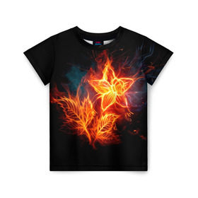Детская футболка 3D с принтом Огненный цветок в Курске, 100% гипоаллергенный полиэфир | прямой крой, круглый вырез горловины, длина до линии бедер, чуть спущенное плечо, ткань немного тянется | Тематика изображения на принте: звезда | искры | огненный цветок | огонь | пламя | пожар