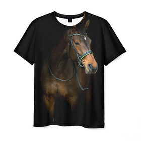 Мужская футболка 3D с принтом Породистый жеребец в Курске, 100% полиэфир | прямой крой, круглый вырез горловины, длина до линии бедер | жеребец | животные | конь | лошадка | лошадь | погоня | седло | скакун | скачки | узда