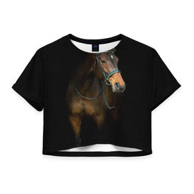Женская футболка 3D укороченная с принтом Породистый жеребец в Курске, 100% полиэстер | круглая горловина, длина футболки до линии талии, рукава с отворотами | жеребец | животные | конь | лошадка | лошадь | погоня | седло | скакун | скачки | узда