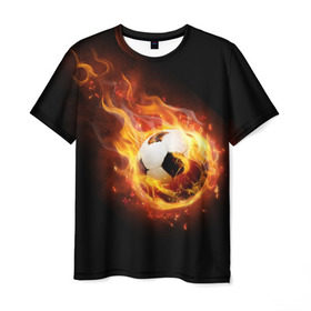 Мужская футболка 3D с принтом Страсть к футболу в Курске, 100% полиэфир | прямой крой, круглый вырез горловины, длина до линии бедер | Тематика изображения на принте: игра | искры | мяч | огонь | пламя | спорт | страсть | фанат | футбол | футболист
