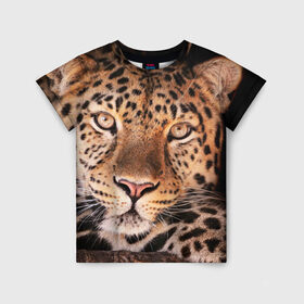 Детская футболка 3D с принтом Леопард в Курске, 100% гипоаллергенный полиэфир | прямой крой, круглый вырез горловины, длина до линии бедер, чуть спущенное плечо, ткань немного тянется | гепард | грация | дикая кошка | добыча | животные | леопард | ловкость | опасность | пятна | хищник | ягуар