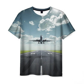 Мужская футболка 3D с принтом Самолет в Курске, 100% полиэфир | прямой крой, круглый вырез горловины, длина до линии бедер | взлет | небо | природа