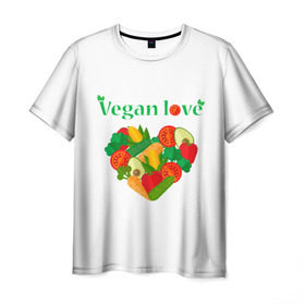 Мужская футболка 3D с принтом Vegan love в Курске, 100% полиэфир | прямой крой, круглый вырез горловины, длина до линии бедер | art | vegan | вегетарианство | любовь | овощи | фрукты