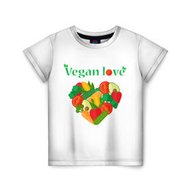 Детская футболка 3D с принтом Vegan love в Курске, 100% гипоаллергенный полиэфир | прямой крой, круглый вырез горловины, длина до линии бедер, чуть спущенное плечо, ткань немного тянется | art | vegan | вегетарианство | любовь | овощи | фрукты