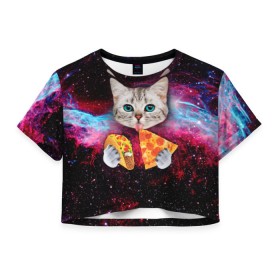 Женская футболка 3D укороченная с принтом Кот с едой в Курске, 100% полиэстер | круглая горловина, длина футболки до линии талии, рукава с отворотами | art | cat | pizza | space | еда | космос | кот | кот в космосе | кот с едой | котенок | котик | пицца