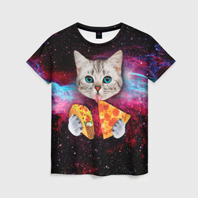 Женская футболка 3D с принтом Кот с едой в Курске, 100% полиэфир ( синтетическое хлопкоподобное полотно) | прямой крой, круглый вырез горловины, длина до линии бедер | art | cat | pizza | space | еда | космос | кот | кот в космосе | кот с едой | котенок | котик | пицца